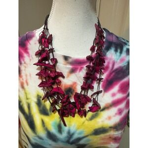 Vintage‎ Magenta Wood Chip Necklace Layered Statement Bohemian Festival Jewelry